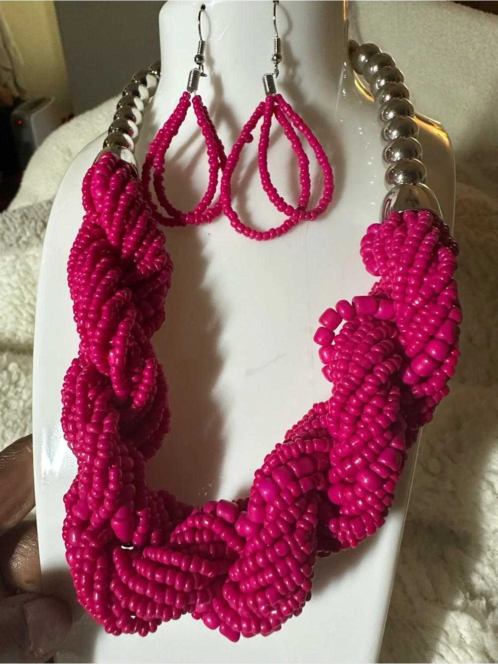 Handcrafted Hot Pink Beaded Necklace & Earrings Set